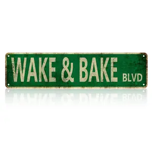 Retro Worn Rust Wake & Bake Boulevard Metal Wall Sign , Waterproof Anti-Fade Aluminum  Decor, Classic Green Highway Street Design Hanging Plaque for Cabin Basement Pub Home Decoration novelty funny vintage office bedroom kitchen aluminium gift garage
