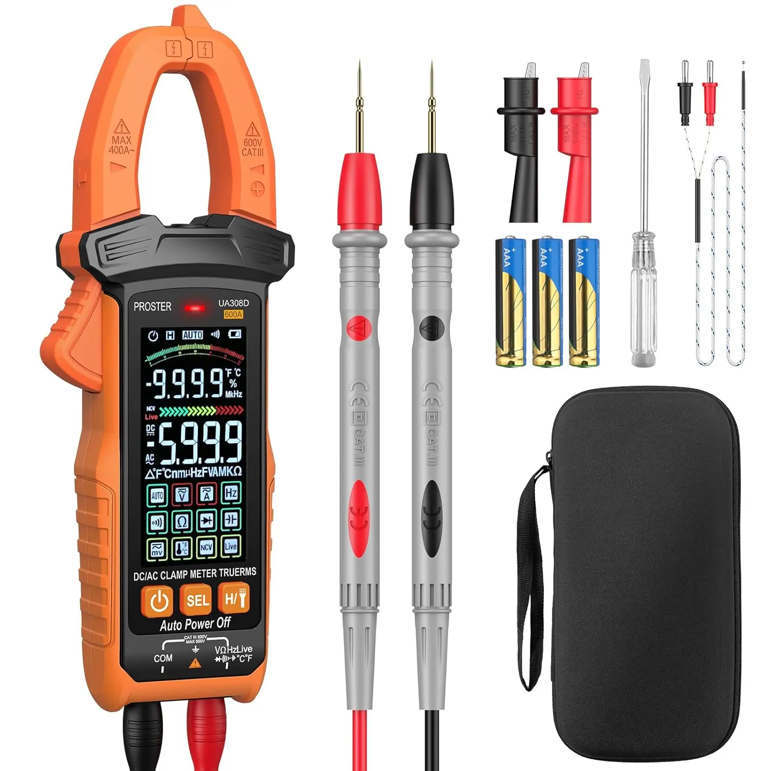 Proster Portable Clamp Meter Multimeter - 600A DC/AC Current, 600V AC/DC Voltage, NCV Voltage Detector, Low Pass Filter, Automotive Continuity Tester, Capacitance, Resistance, Frequency, Diode Hz Test, Vehicle Electrical Measuring Instrument