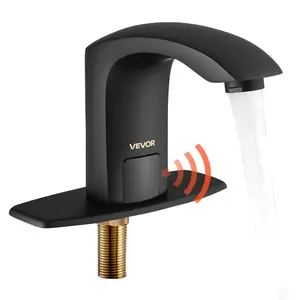 VEVOR Touchless Bathroom Sink Faucet, Automatic Motion Sensor, Battery Operated, 9/16 in Pipe Fit, Adjustable Temperature, Matte Black with Hole Cover Plate, Sleek Modern Arc, Honeycomb Aerator for Restaurants, Hotels, Commercial Lavatory