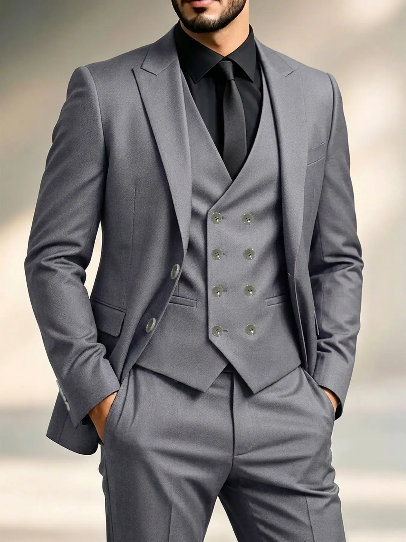 Men's 3-Piece Solid Black Suit Set, Blazer, Double-Breasted Vest & Dress Pants, Slim Fit for Weddings, Business & Formal Occasions