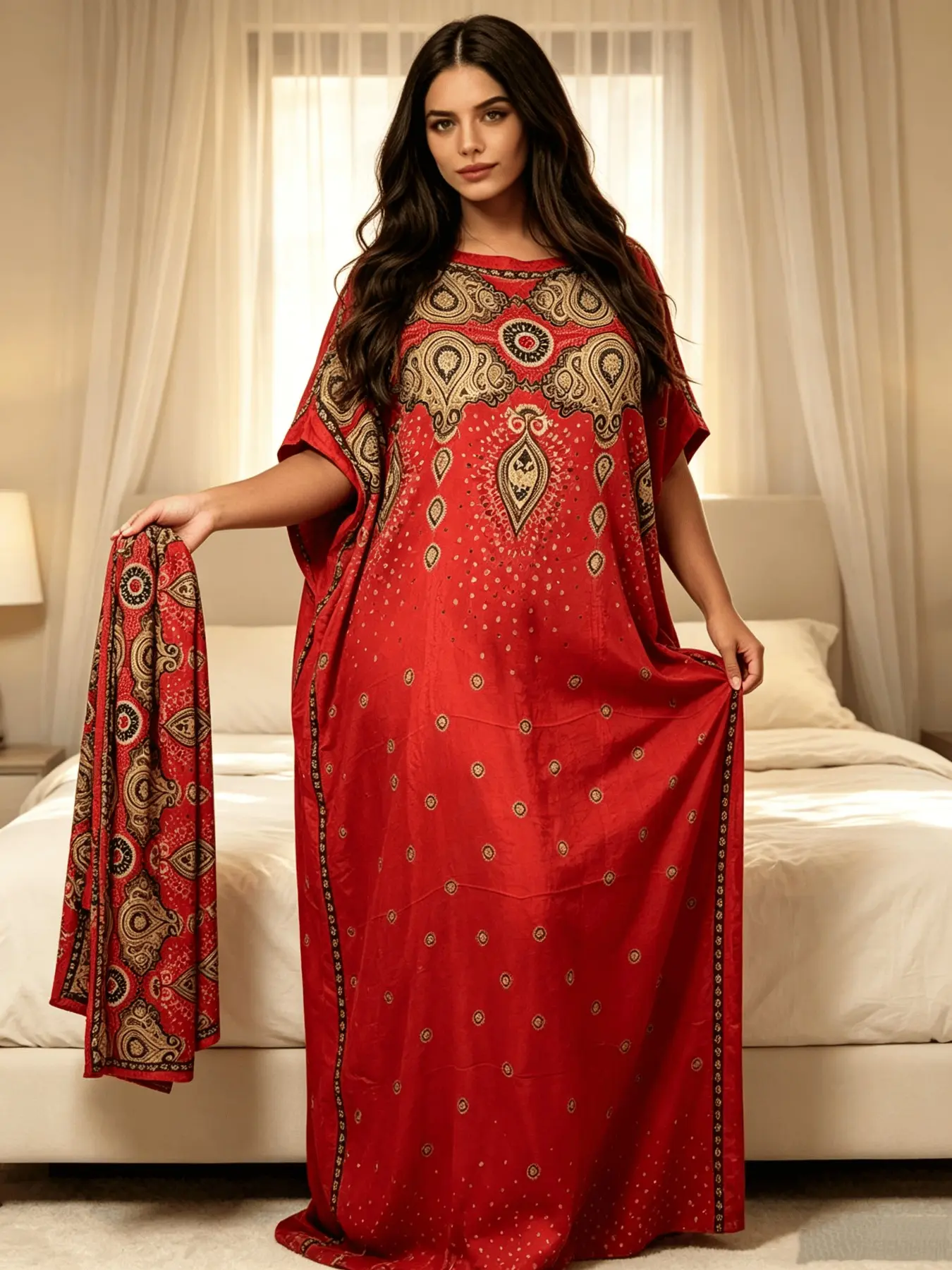 Plus Size Vibrant Bright Red Base Antique Vintage Totem Geometric Tribal Ethnic Print Kaftan Two Piece Set With Matching Scarf, Oversized Loose Split Hem Maxi Caftan Robe, Soft Light Breathable Fabric Elegant Boho Beach Cover Up, Curvy Women Resort Vacati