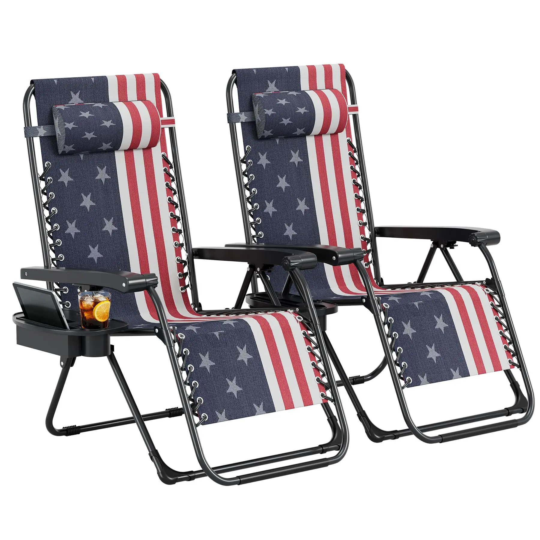 2-Piece Zero Gravity Collapsible Patio Furniture Sets - Reclinable Mesh Chaise Lounge Chairs, Lawn Chairs Reclining with Pillow, Cup Holder for Garden, Deck