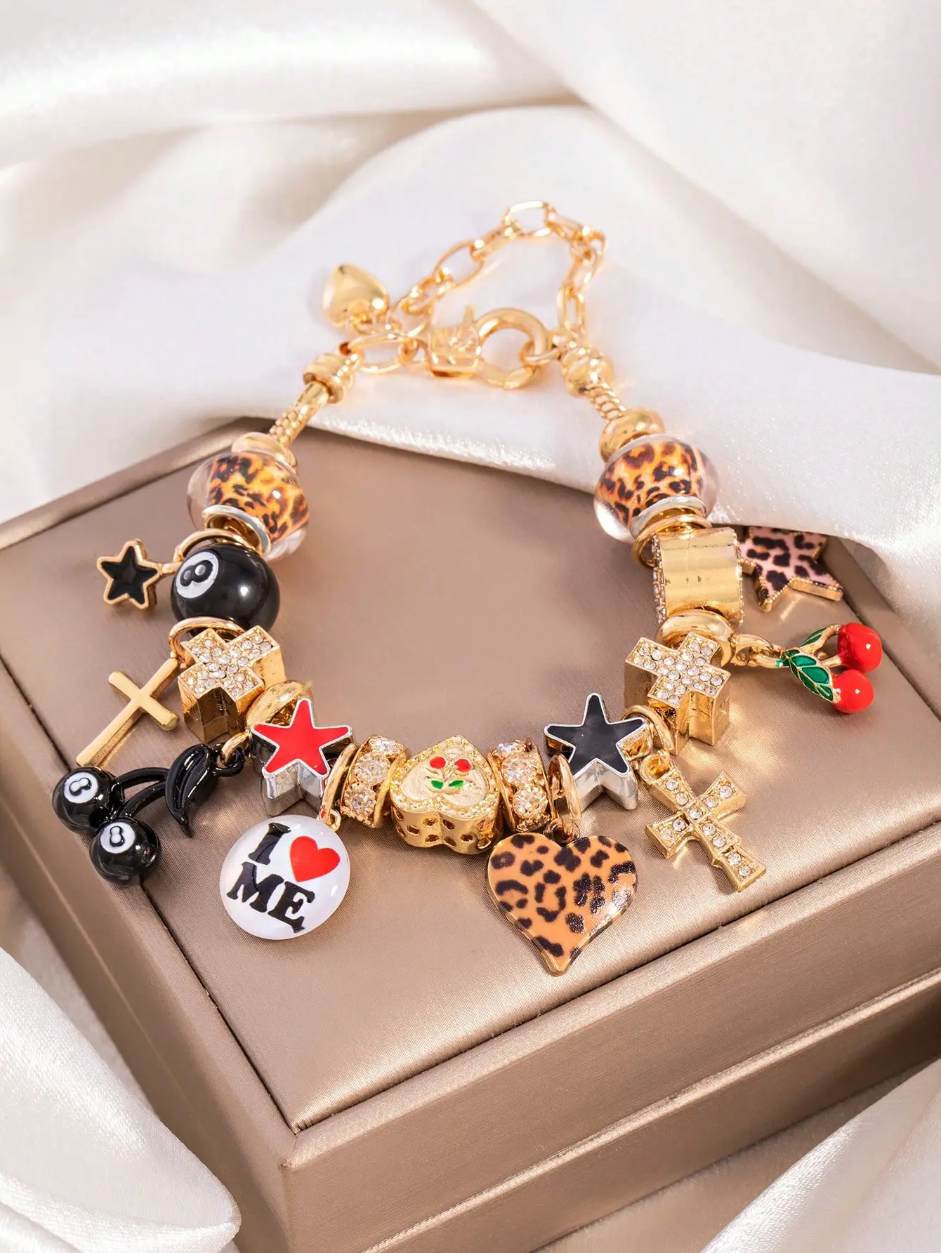 Women's Exquisite Trendy Leopard Print Beading Charm Bracelet - Copper Costume Jewelry with Heart Design, Clover, Bow Charms & Tiger Eye Stone, All-Season Accessory for Daily Wear, Parties, Exquisite Trendy Bracelet, Heart Design Bracelet