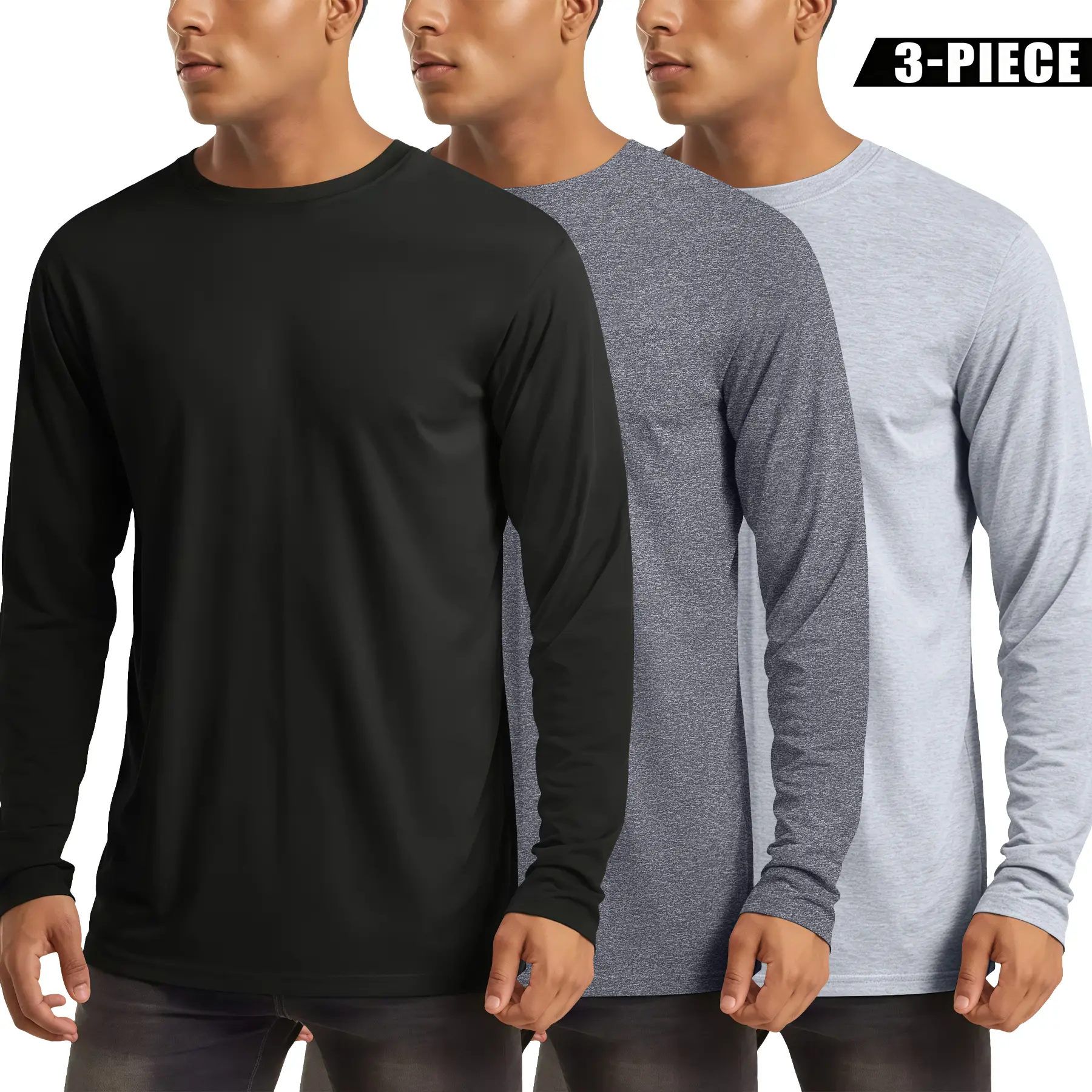 Men's 3-Pack Long Sleeve Tshirts - Vintage Plain Round Neck Fitted Practical Polyester Athletic Boyfriend Tops, Extra Long Length, Basic Style for Gym & Outdoors