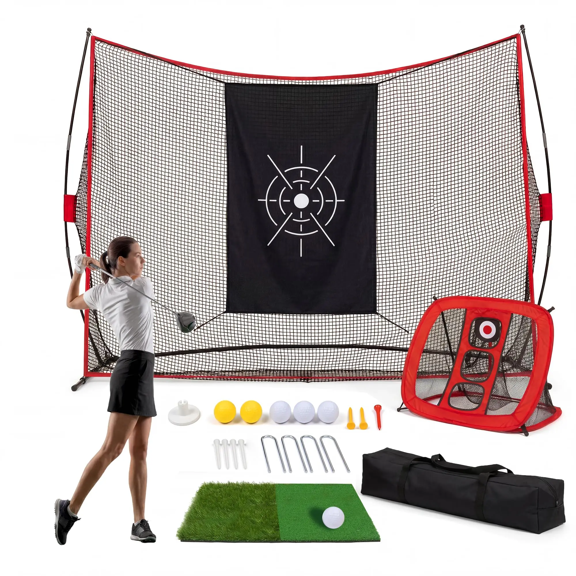 10x7ft Heavy Duty Golf Practice Net with 5-Layer Reinforced Netting, All-in-1 Golf Training Set for Golfers – Chipping Targets, High-Quality Foldable Mat, 8 Tees, 6 Balls, Carry Bag – Indoor/Backyard/Garage Use