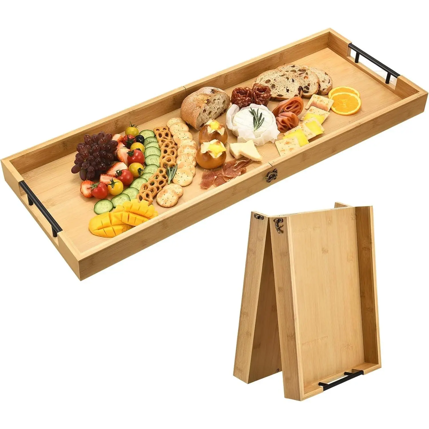 Large Foldable Bamboo Charcuterie Board with Handles, 32 x 12 Inch Cheese Serving Platter for Meat, Party Appetizers, Fruit & Outdoor Use