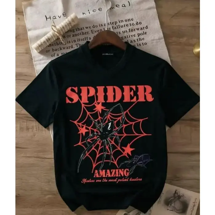 Edgy Dark American Retro Spider Web Star Graphic V Neck Heat Transfer Unisex 100% Cotton Summer Tee Street Style Black T-shirt