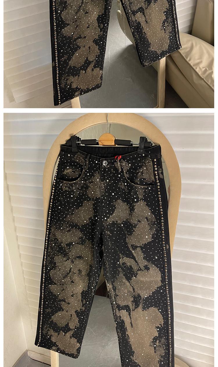 Parisian Sle Heavy Du Rhinestone Rivet Denim Jeans Loose Straight Leg Wide Leg Pants ex American Retro Trendy Brand