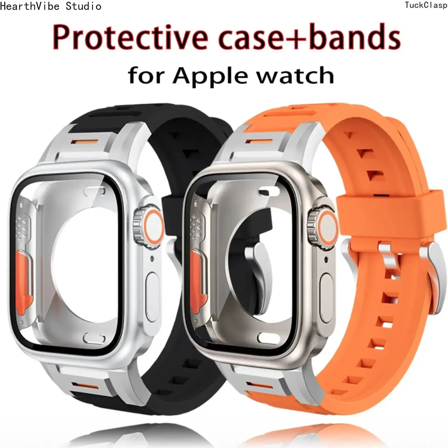 2-Piece Case & Band Combo for Apple Watch – Rugged Hard PC Full-Body Protector with Metal Connector Strap, Fits Series 4–11/SE (40–46mm), Great for Summer Outdoor Use