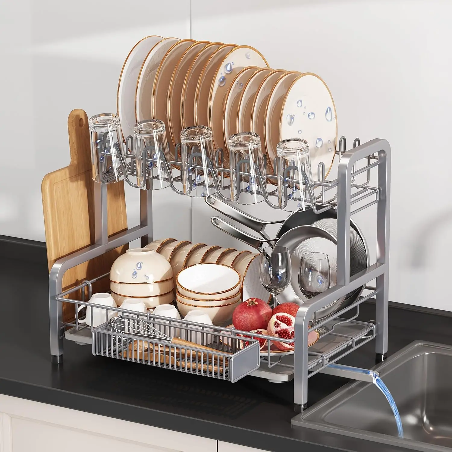 2-Tier Stainless Steel Dish Drainer Drying Rack for Kitchen Counter, Large Rustproof Organiser with Drainboard, Utensil Holder, Modern Single Unit for Daily Use & Kitchen Utility, Silver