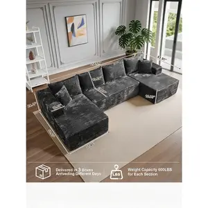 Extra-large 134.6inch U-shaped cloud sofa, modern modular sofa with chaise lounge, equipped with 6 soft cushions and an armchair, frameless soft upholstery sofa, suitable for living rooms and bedrooms, made with luxurious corduroy fabric