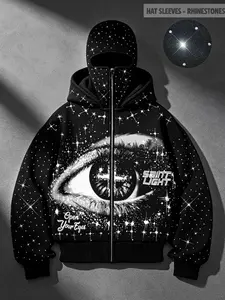 Popular rhinestone plain starry eyes two windproof hoods men's hoodies zipper cardigan sweatshirt autumn and winter two hats for men and women same style geometric aesthetic print zipper jacket men Y2K style men's jacket street fashion brand hoodie punk