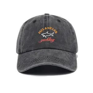 2026 PAUL & SHARK YACHTING VINTAGE WASHED BASEBALL CAP Dark Grey Distressed Shark Logo Embroidery Curved Brim Casual Nautical Streetwear Hat For Men Women