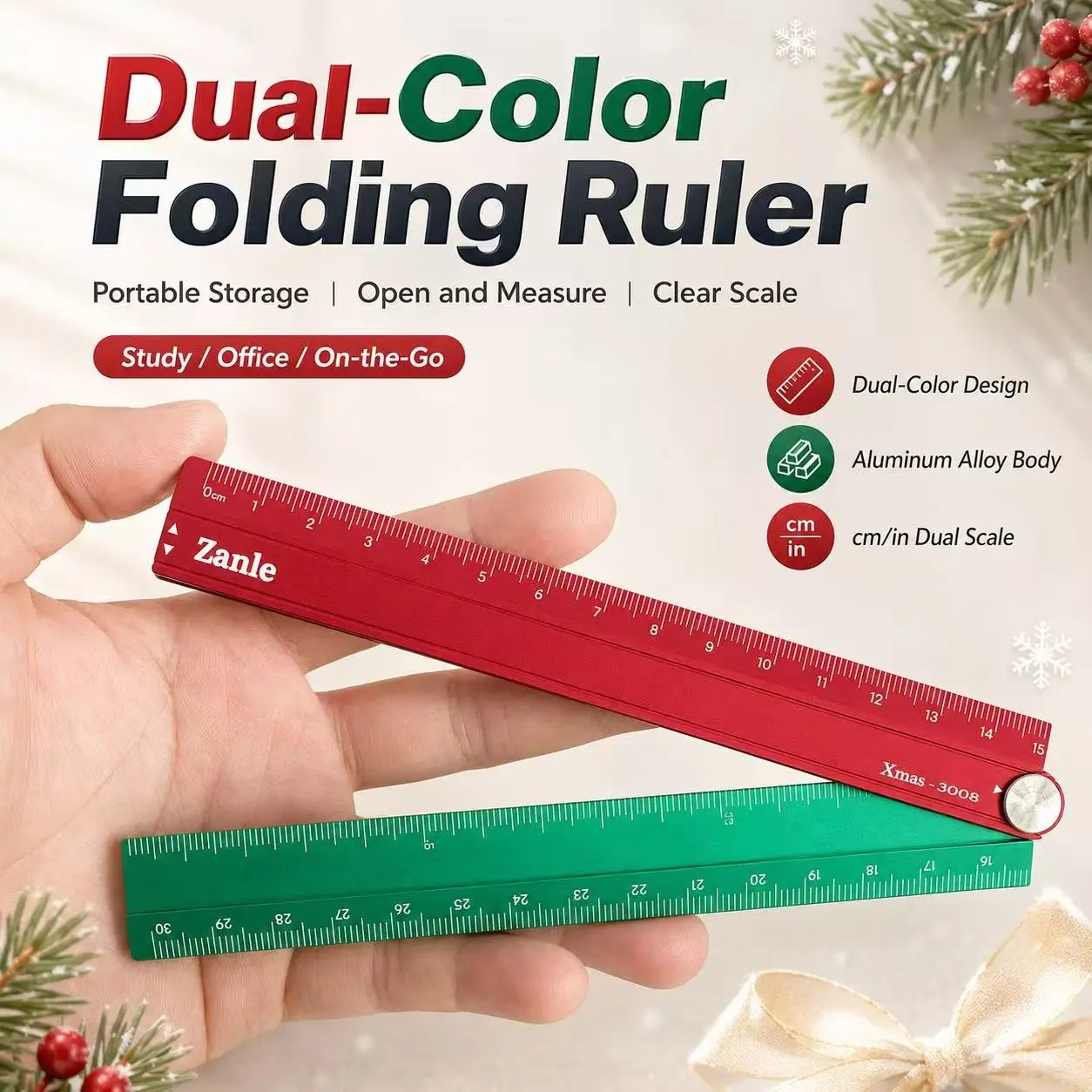 Aluminum Alloy Folding Ruler, Christmas Color, Precise Durable, 30cm Thickened, School Supplies, Student Ruler