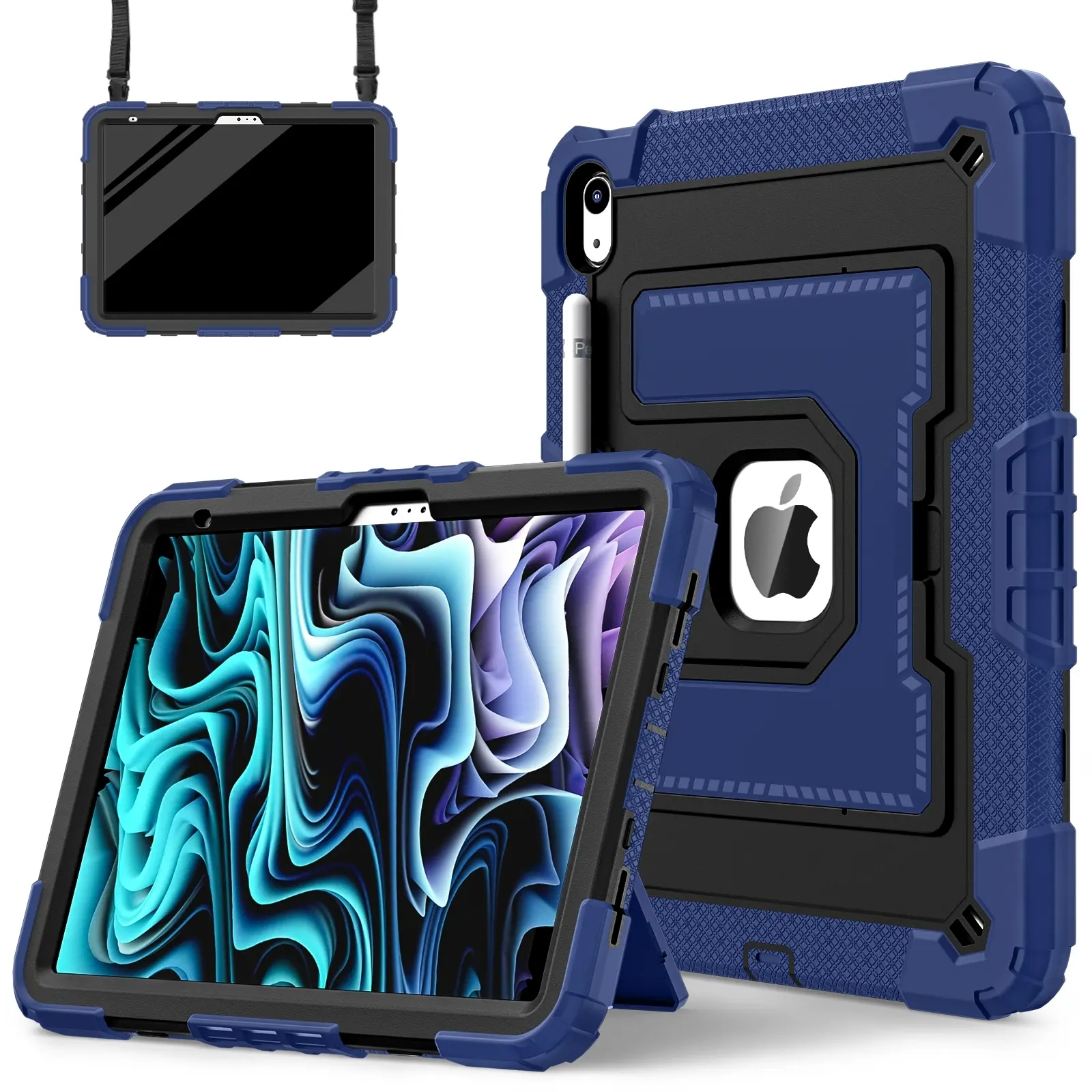 SPALLO for iPad (A16) 11th 11 Inch/10th Generation 10.9 Inch 2025/2022,Kids Friendly iPad Air (M4) 2026 8th/7th/6th/5th/4th with Shoulder Strap/Pencil Holder,Handy Heavy Duty Tablet Casing Protective Shockproof Cover for iPad Mini - Navy Blue+Black