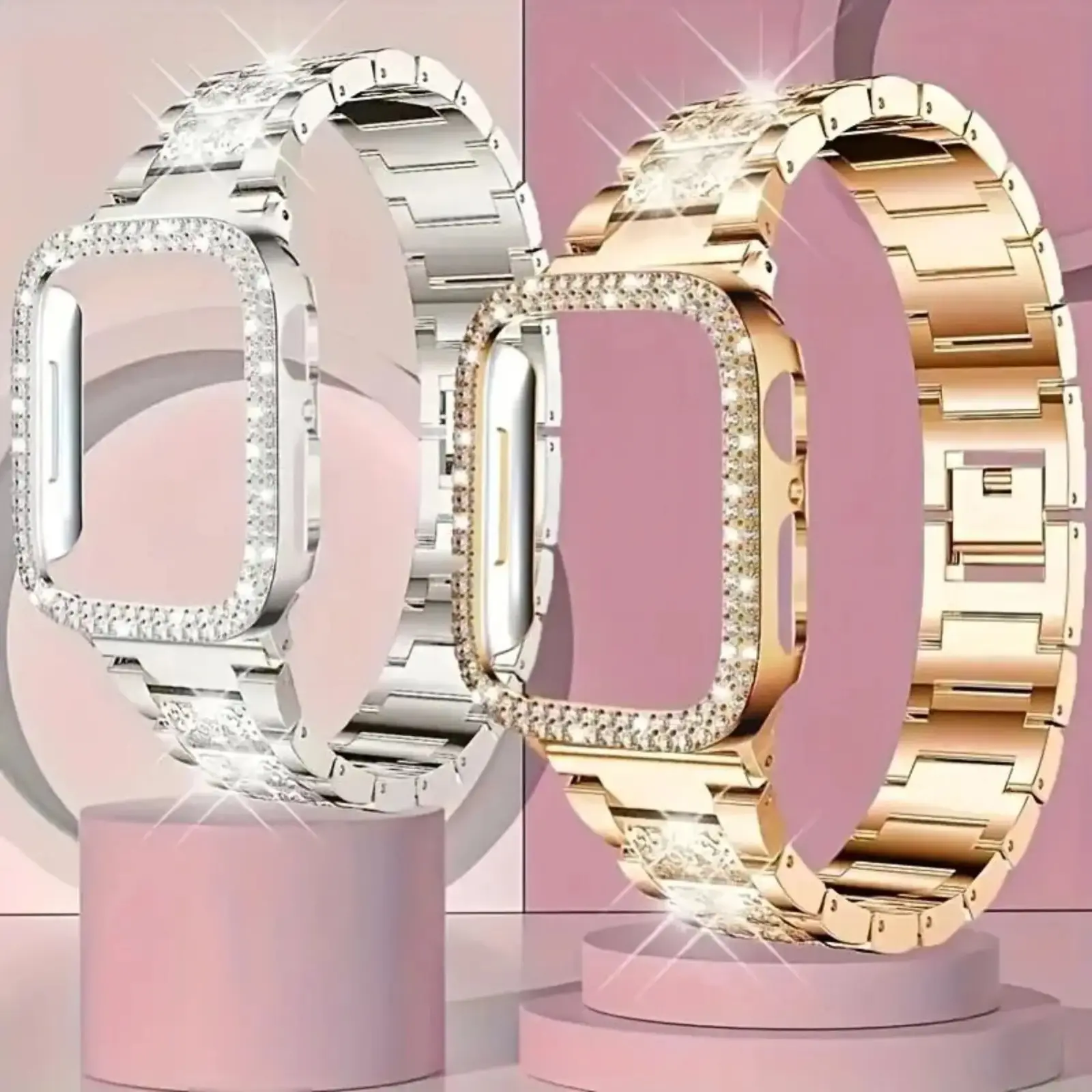 Suitable For Apple Watch Ultra/Ultra 2 10//8/7/6/5/4/3/2/1/SE Starry Sky Full Diamond+Double Row Diamond Fashionable And Beautiful Shining Watch Case Strap+Case 38/40/41/42/44/45/49mm
