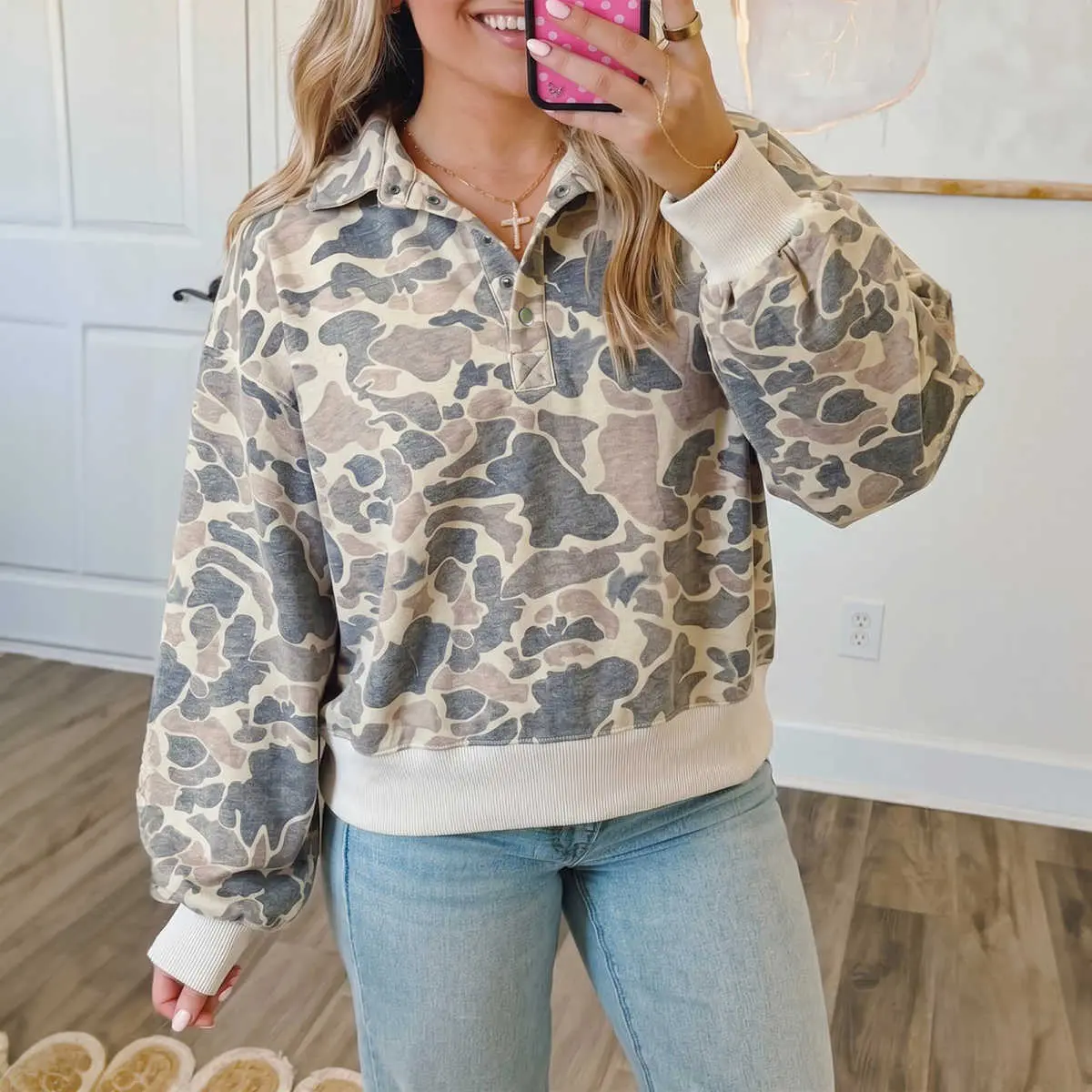 Multicolour Casual Camouflage Collar Pullover Sweatshirt