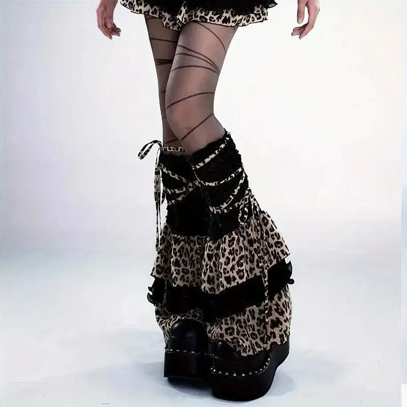 Y2K Leopard Print Lace Trim Volumizing Leg Warmers Fashion Subculture Women Leg Accessory
