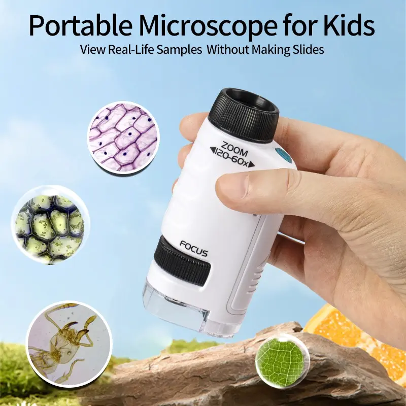 Portable Handheld Microscope for Kids, 60-120x Zoom, LED Light, Pocket Size Stem Toy, Ideal for Back-To-School, Christmas, Birthday Gifts, Ages 6+