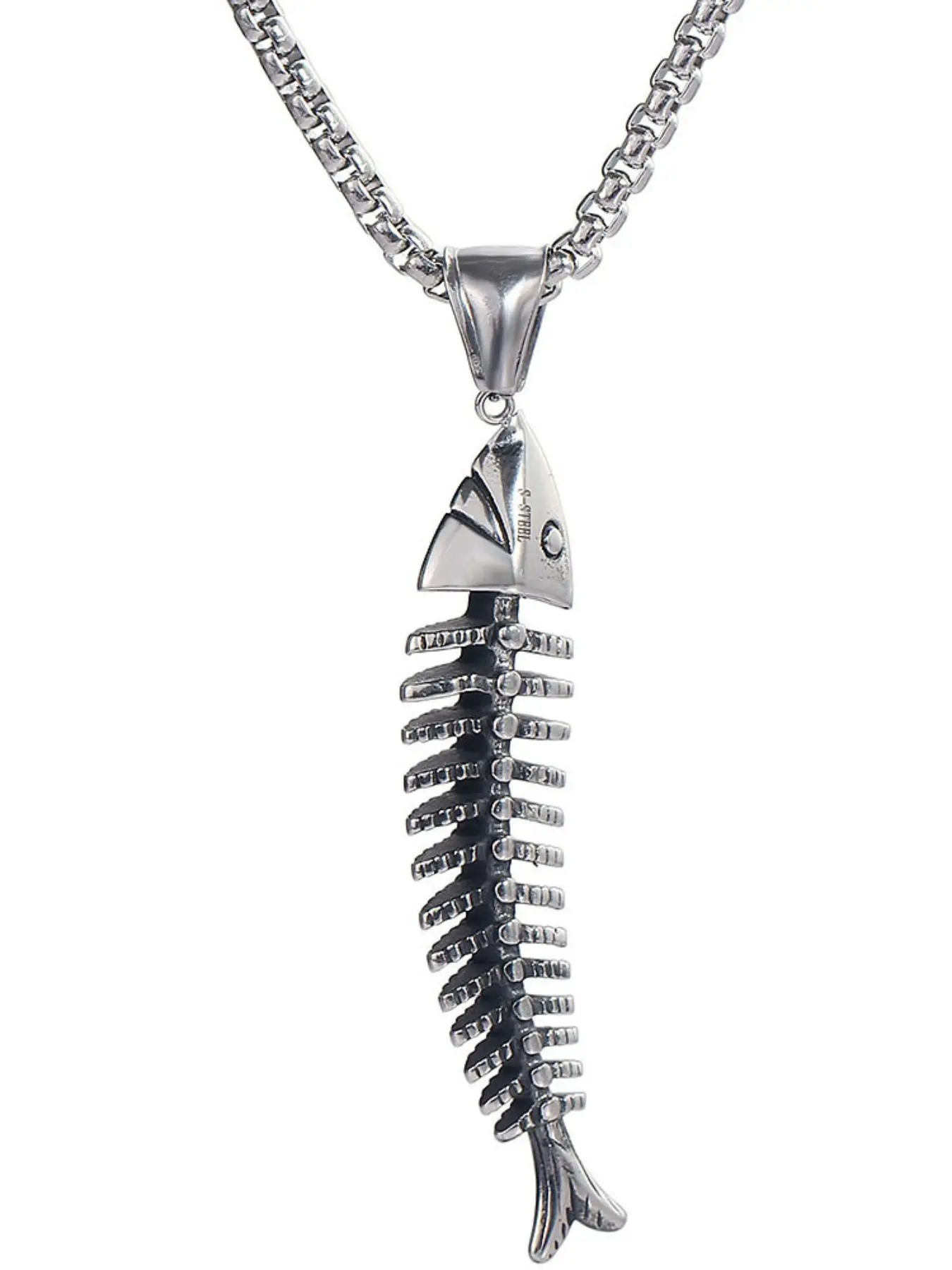 New European and American Creative Vintage Rustic 50mm Fish Bone Skull Fish Stainless Steel Necklace, Unique Fashion Jewelry Accessory