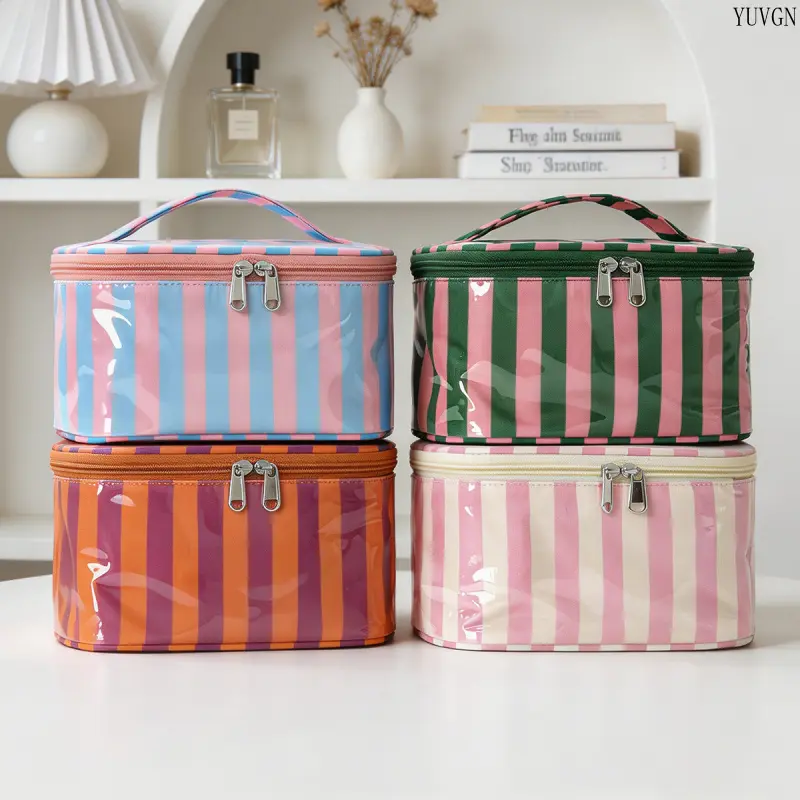 Vertical Stripe Glossy Cosmetic Bag - Zipper Closure, Multi-Compartment, Waterproof, Large-Capacity Gym Toiletry Organizer with Top Handle for Skincare Brushes, Travel Use, Glossy Finish, Makeup Organizer Bag, Cosmetic Pouch