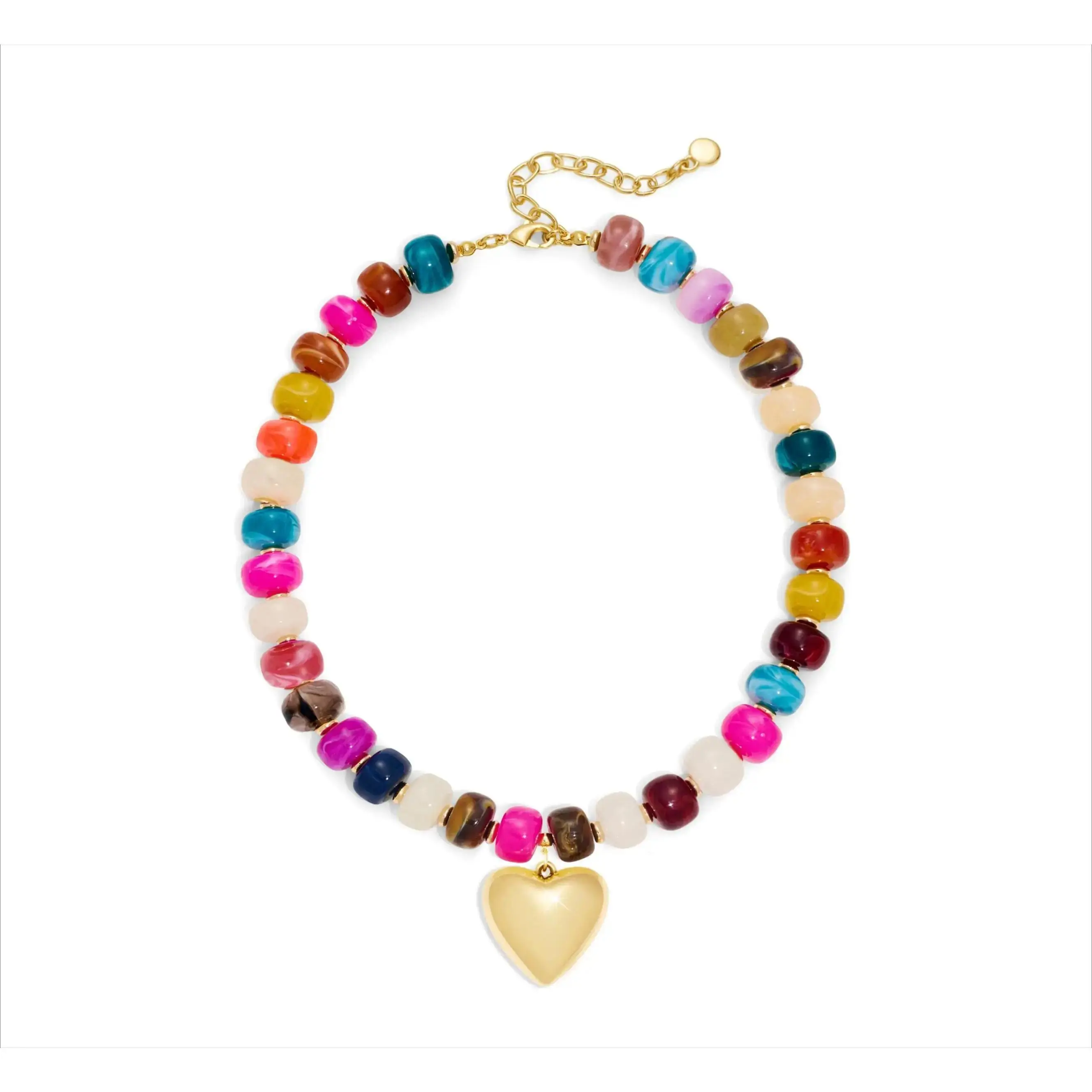 Colorful Marbled Beaded Necklace With Solid Gold‑Tone Heart Pendant for Women, Boho Y2K Aesthetic Statement Jewelry, Lightweight Summer Necklace, Trendy Beach Vacation Resort Festival Accessories, Ideal Daily‑Wear & Holiday Gift