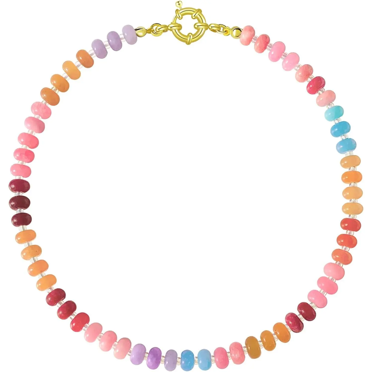 Colorful Beades Gemstone Necklace for Women Boho Beaded Choker Rainbow Colorful Natural Stone Summer Beach Jewelry for Women