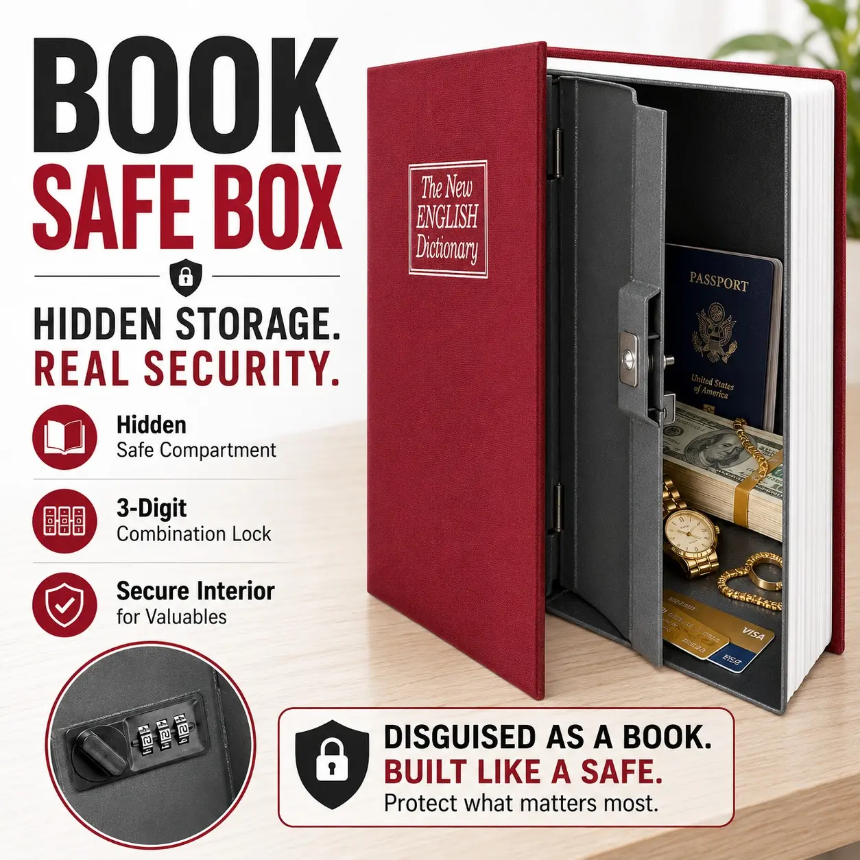 Vintage Book Safe Box, Wine Resin Collectible Bag, Key Lock Hidden Storage, Home Shelf Desktop Use, Retro Style Insurance Box