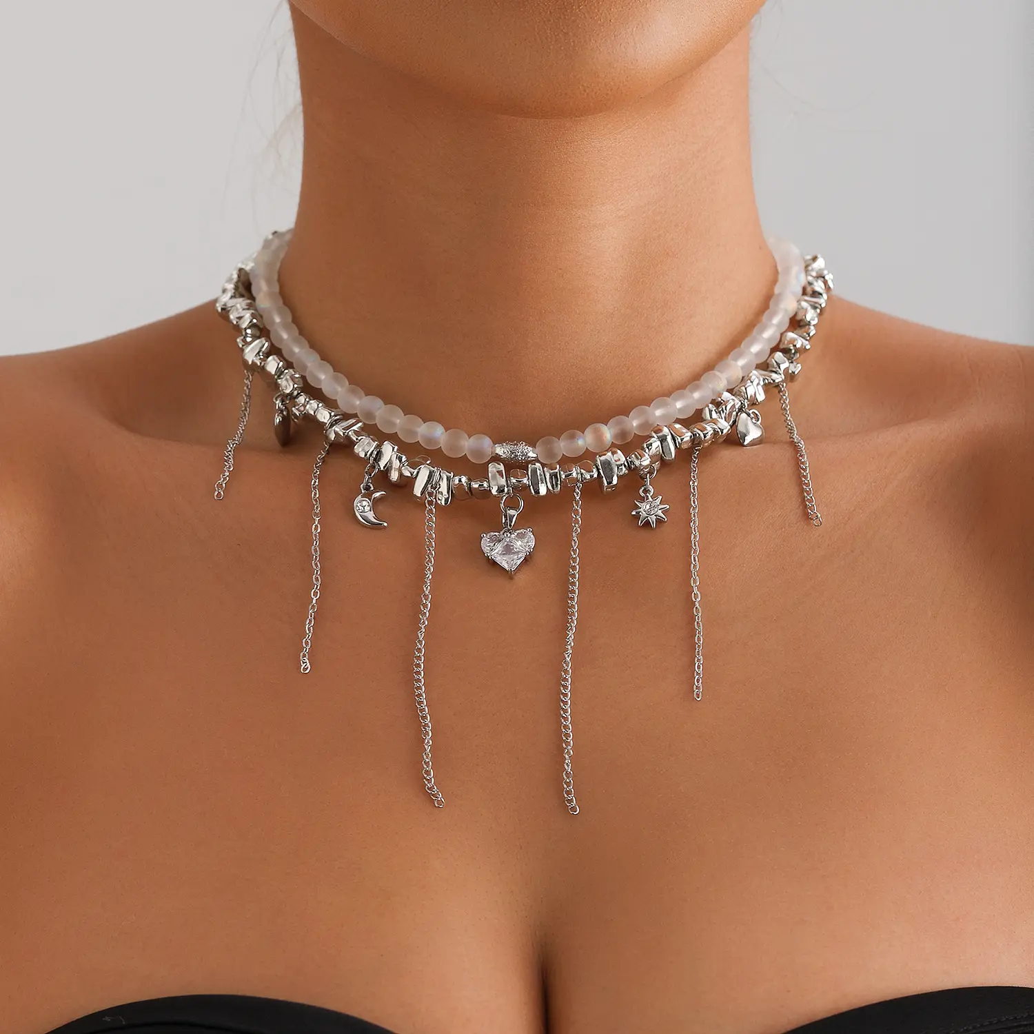 Women's Frosted White Matte Bead Choker Necklace - Moon, Heart, Star Tassel, Multi Silver Dangle Accents - Bead String, Charm Jewelry, Cute, Dangling Styles, Bead String Necklaces, Charm Jewelry Necklaces