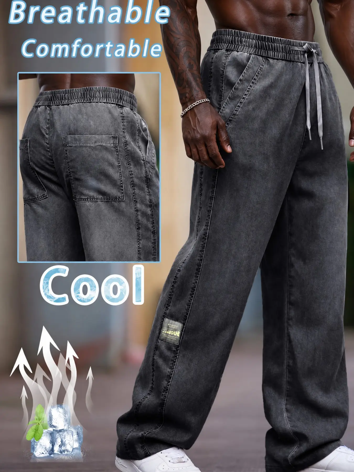 Men's Summer Lightweight Breathable Wide Leg Jeans, Elastic Waist Drawstring Denim Jeans, Lycra Fabric Cool Comfort Street Style Streetwear Relaxed Fit Oversize Oversized Loose Fit Pants, Jean Pants Bottoms