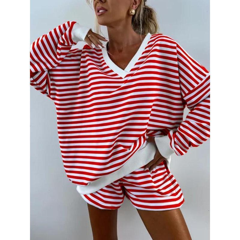 Two-piece Set Women's Striped Print V Neck Drop Shoulder Sweatshirt & Elastic Waist Shorts Loungewear Casual Comfy Pajama Chic Set for Spring & Fall Sleepwear Women'swear Apparel