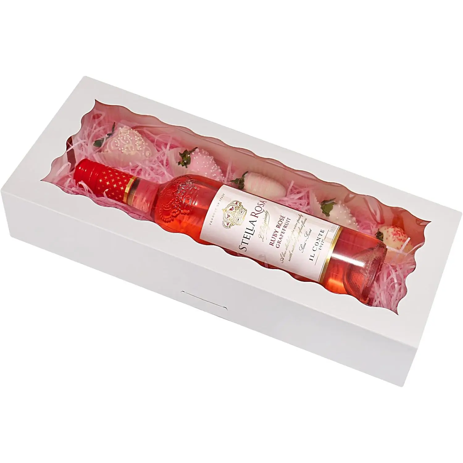 30-Pack Bakery Boxes with Window 16" x 6.5" x 3", Cookie Boxes, Auto-Popup Long  Boxes for Cookies, Strawberries (White)