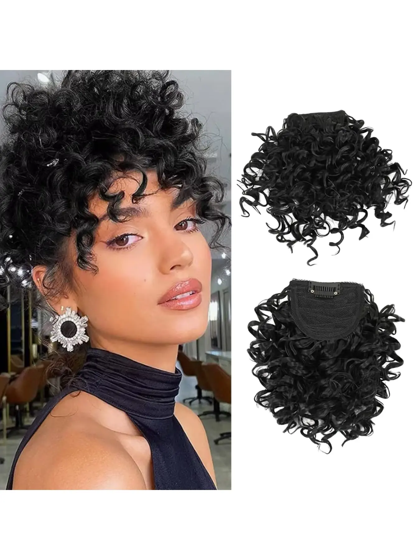 African curly wig with bangs, women's natural fake bangs, short wool curls, clip-in hair piece, synthetic hairpieces, bangs accessory, suitable for everyday wear
