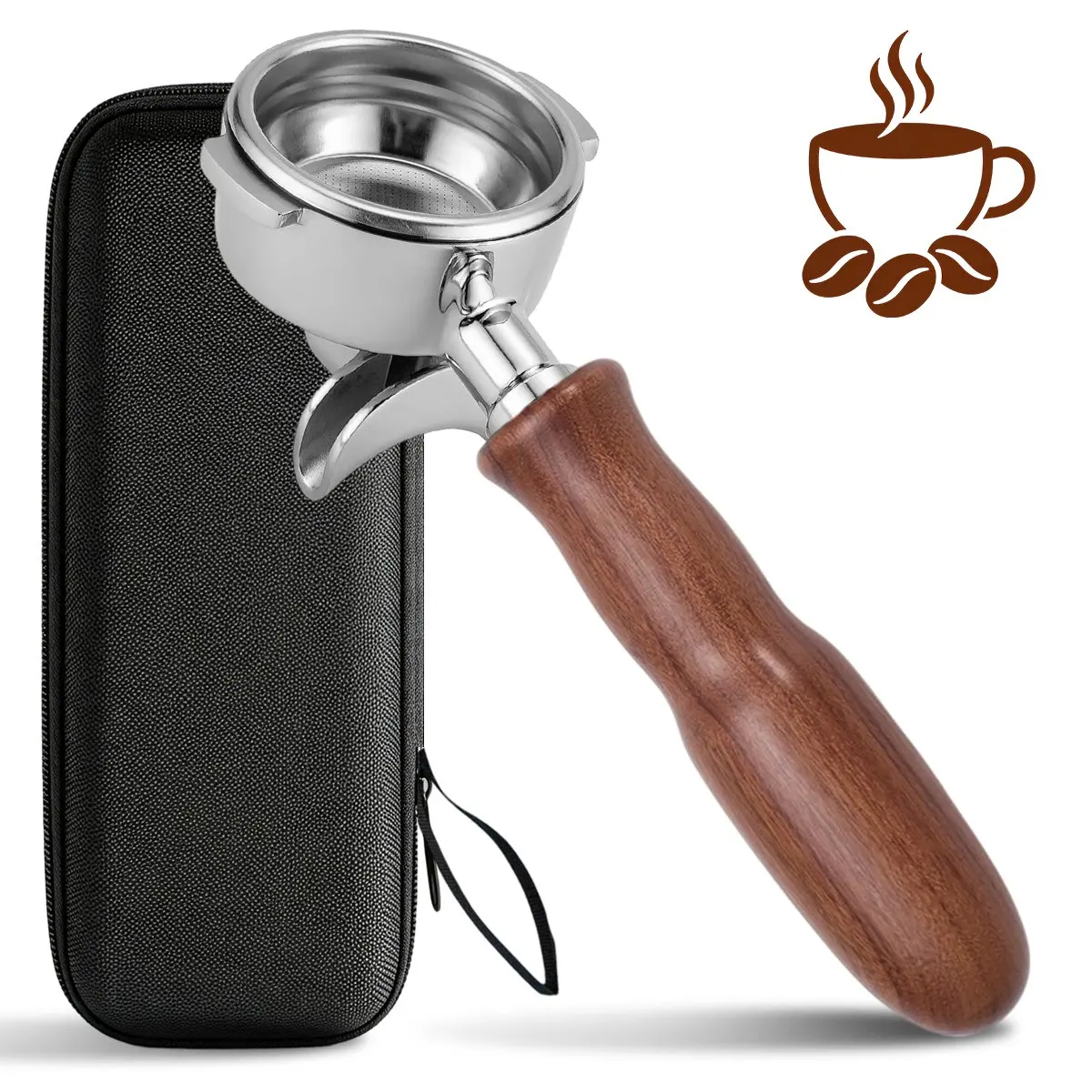 58mm Double Spout Portafilter for E61 Group Heads, 2-Ear Espresso Portafilter with Filter Basket, Ergonomic Wood Handle, Coffee Machine Accessory