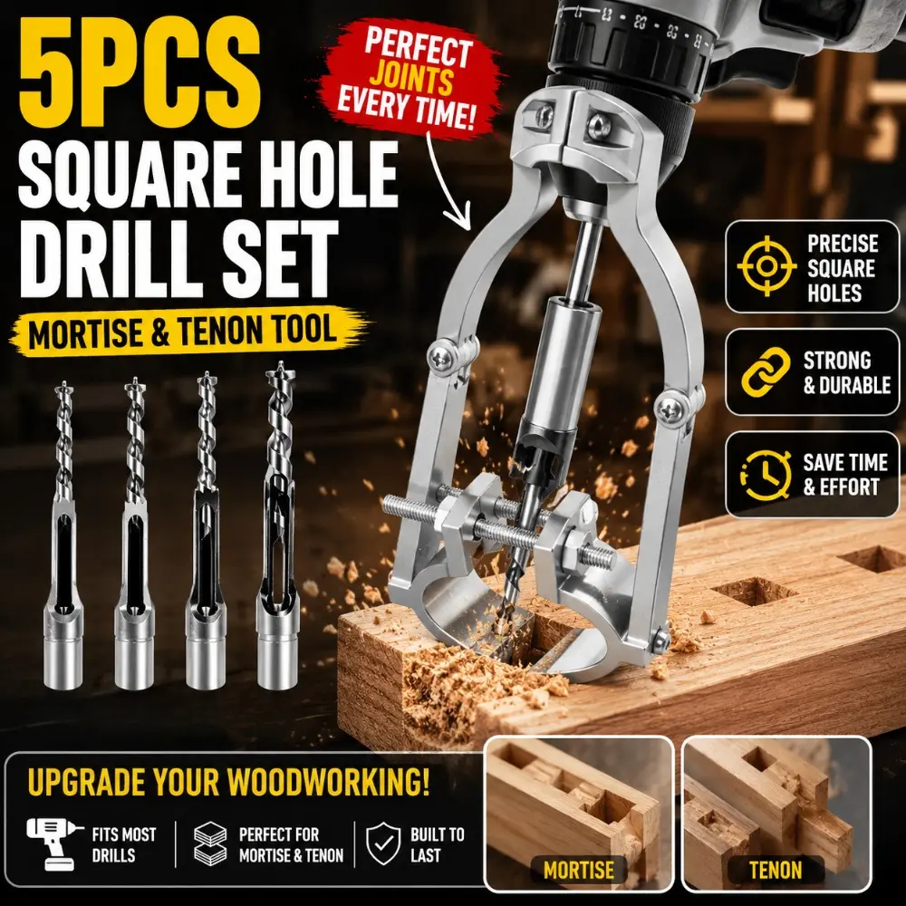 5-piece woodworking square hole drill bit set, (square hole drill bit adapter + square hole drill) with tenon tool function, suitable for desktop and hand-held electric drill, Drilling Bits - advanced woodworking accessories