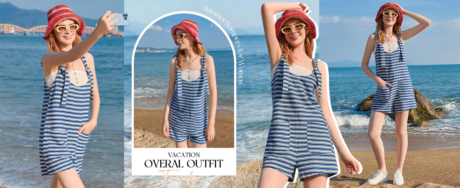 Yousify Women's Striped Sleeveless Romper Loose Fit Tied Shorts Jumpsuit with Pockets for Summer & Fall Casual Wear Scoop Neck Adjustable Drawstring Wide Legs