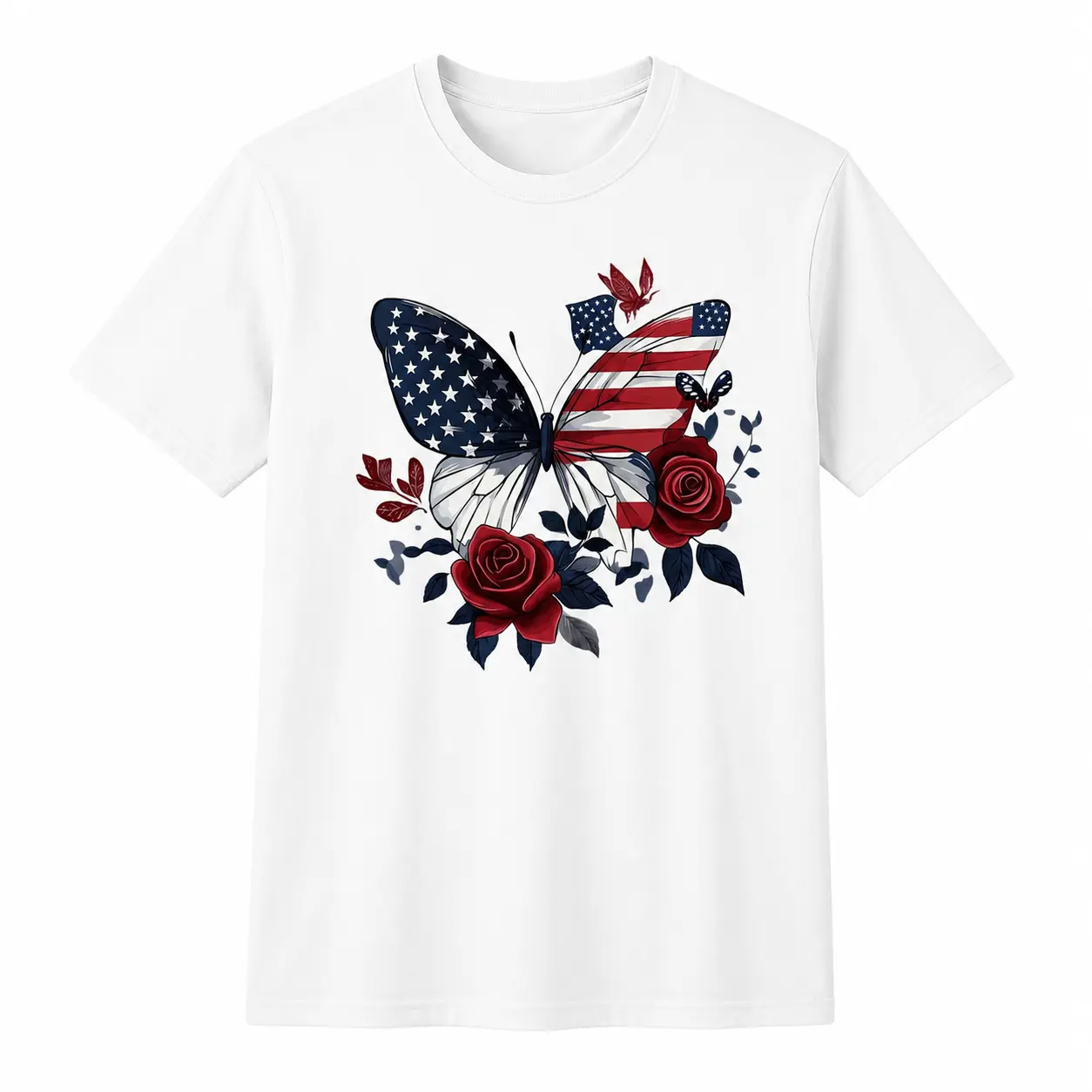 Women's Short-Sleeve Patriotic Graphic Top - Casual Round Neck, American Flag Butterfly Rose Print, Sporty Chic, 2XL/3XL, for Streetwear (Sports & Outdoor Tops)