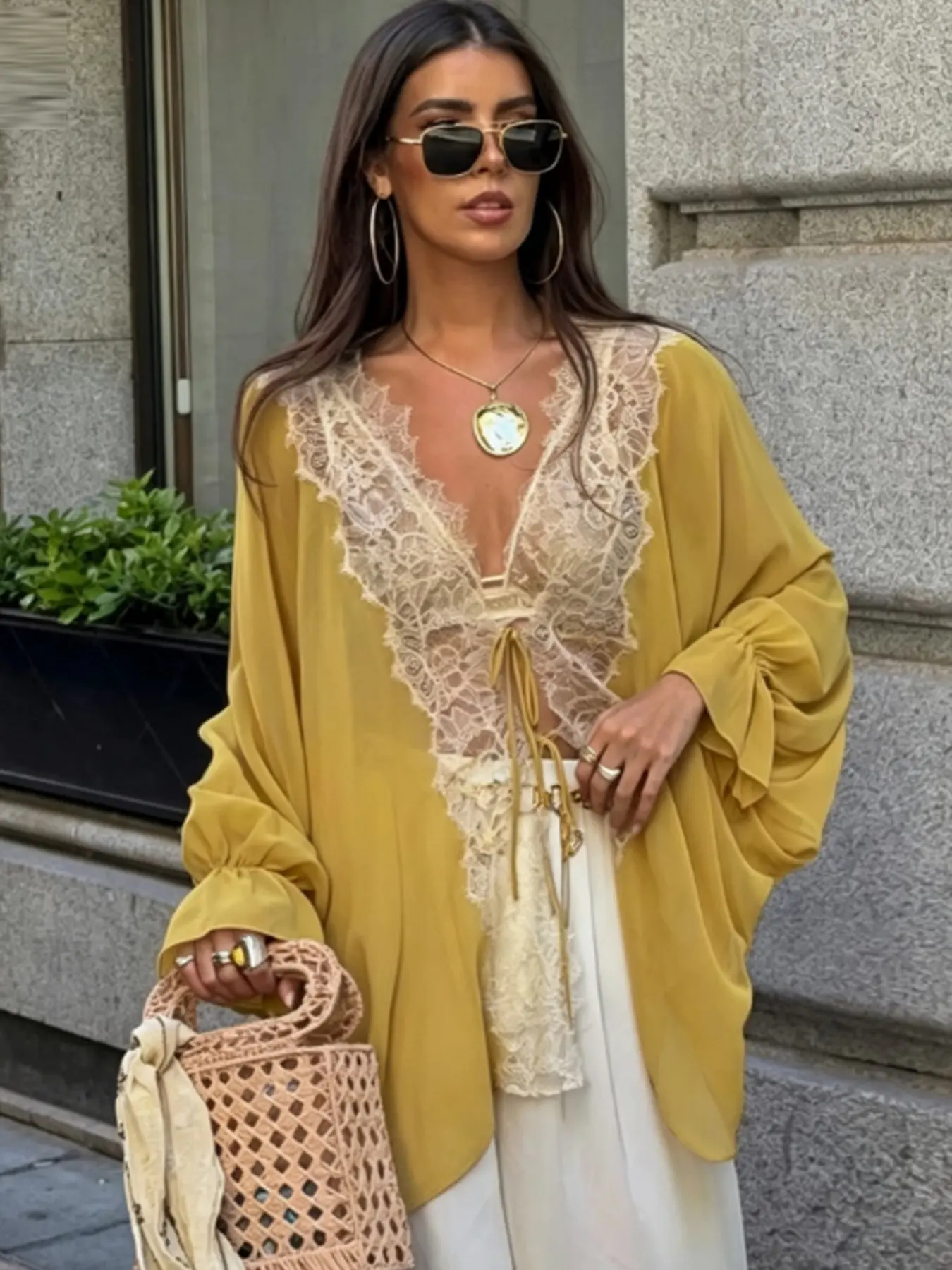 Women's Yellow Lace Oversized Shirt, 2026 Summer Elegant Lantern Long Sleeve Loose Lace-Up Tops, Casual Patchwork Semi Sheer Hollow Out Blouse, Beach High Street Ladies' Casual Daily Tops