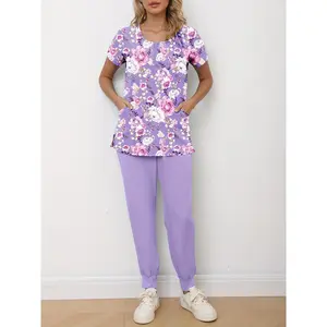 Women's Printed Work Uniform Set: Matte Short-Sleeve Hand-Washing Workwear Top with Pockets and Breathable Stretch Fabric, and Drawstring Waist Pocket Pants