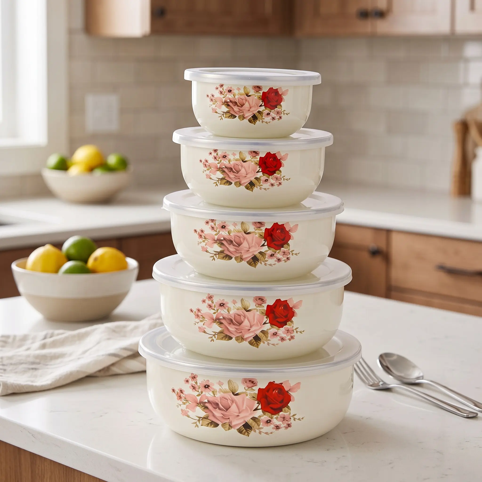 5pcs Powder Enamel Multi-Functional Sealed Fruit Vegetable Storage Bowls, Portable Lunch Box, Salad Bowl, Food Storage Container