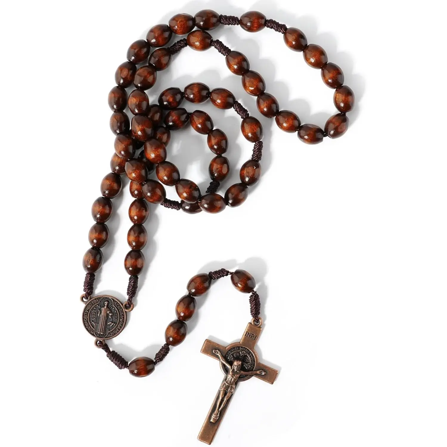 Handmade Wooden Rosary Beads with a Woven Coffee Brown Cord, Unisex Religious Necklace with Metal Cross for Daily Catholic and Christian Prayer, Weave Brown, 24 Brown