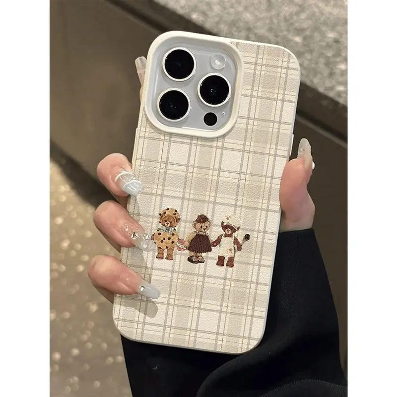 Bear design, 1 piece, minimalist checkered pattern with three bears, lychee-textured waterproof, shockproof, and anti-slip soft phone case, suitable for iPhone 11/12/13/14/15/16/17/16E/X/XS/XS Max. This is a perfect Christmas gift for friends, family., Ac