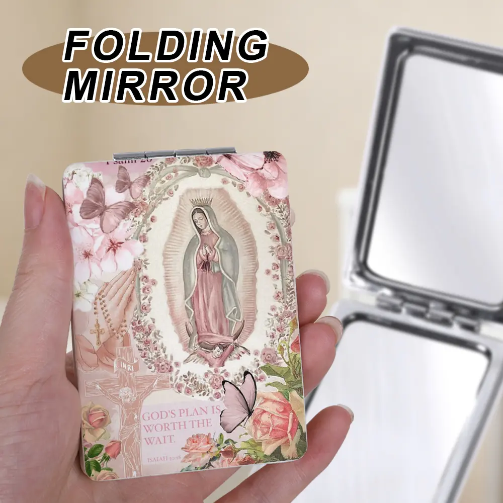 1Pc Vintage Pink Floral Guadalupe Virgin Mary Compact Mirror, 1X/2X Magnifying Travel Foldable Makeup Mirror, Portable Folding Pocket Mirror for Purse Travel Bathroom, Portable Mirrors, Christian Faith Gift for Women Girls