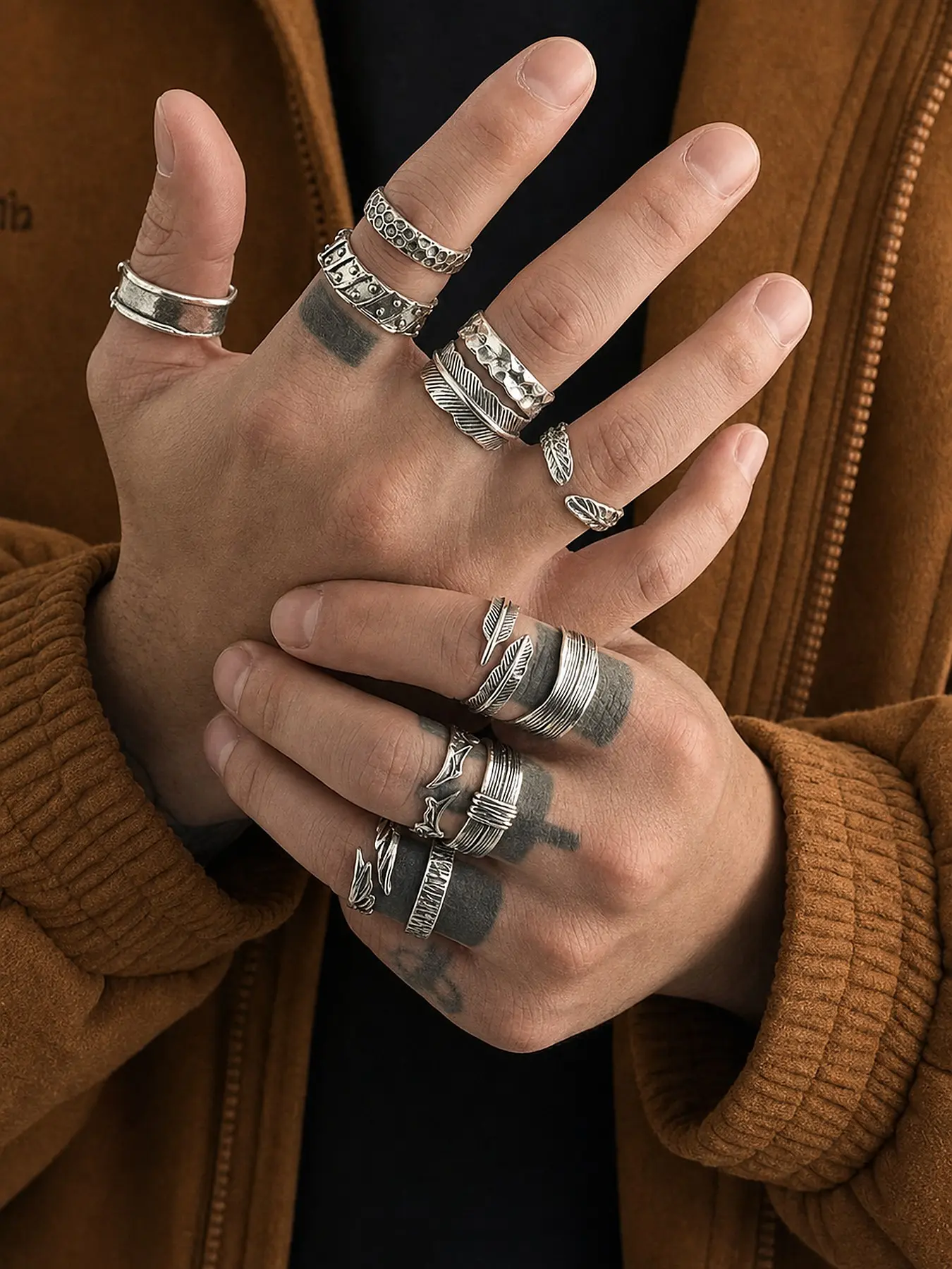 Vintage Silver Color Open Stackable Ring Set for Men, Hip Hop Streetwear Textured Rings, Fashionable Jewelry for Everyday Wear