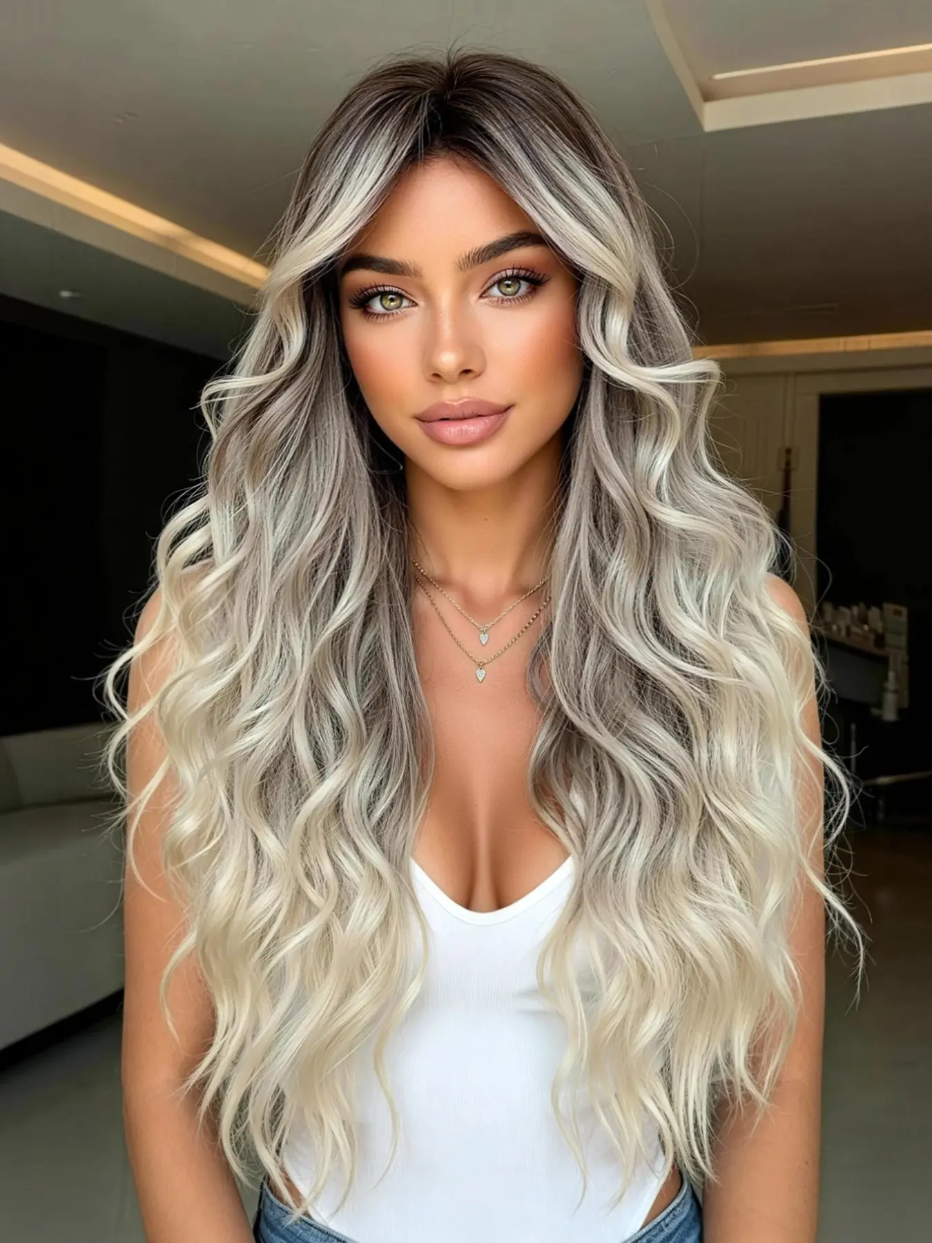 28-Inch Mermaid Big Wave Wig, Wavy Wig, Dark Root Silver Gold Gradient, Heat-Resistant Synthetic Full Cap, Ideal for Daily Makeup & Photoshoots