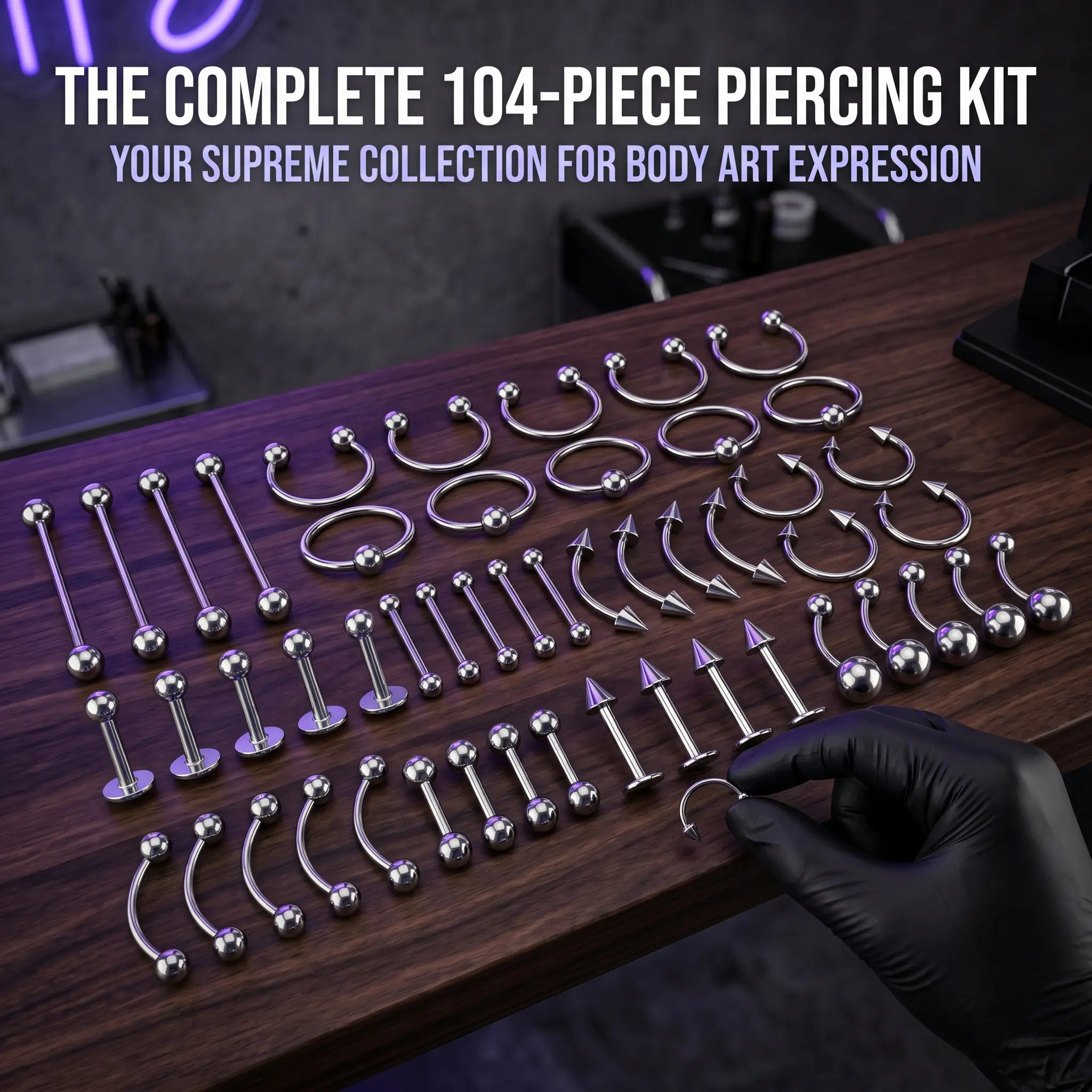 104pcs Piercing Kit Body  Jewelry 14G  16G Ear Lip Septum Eyebrow Nipple Body Self Jewelry