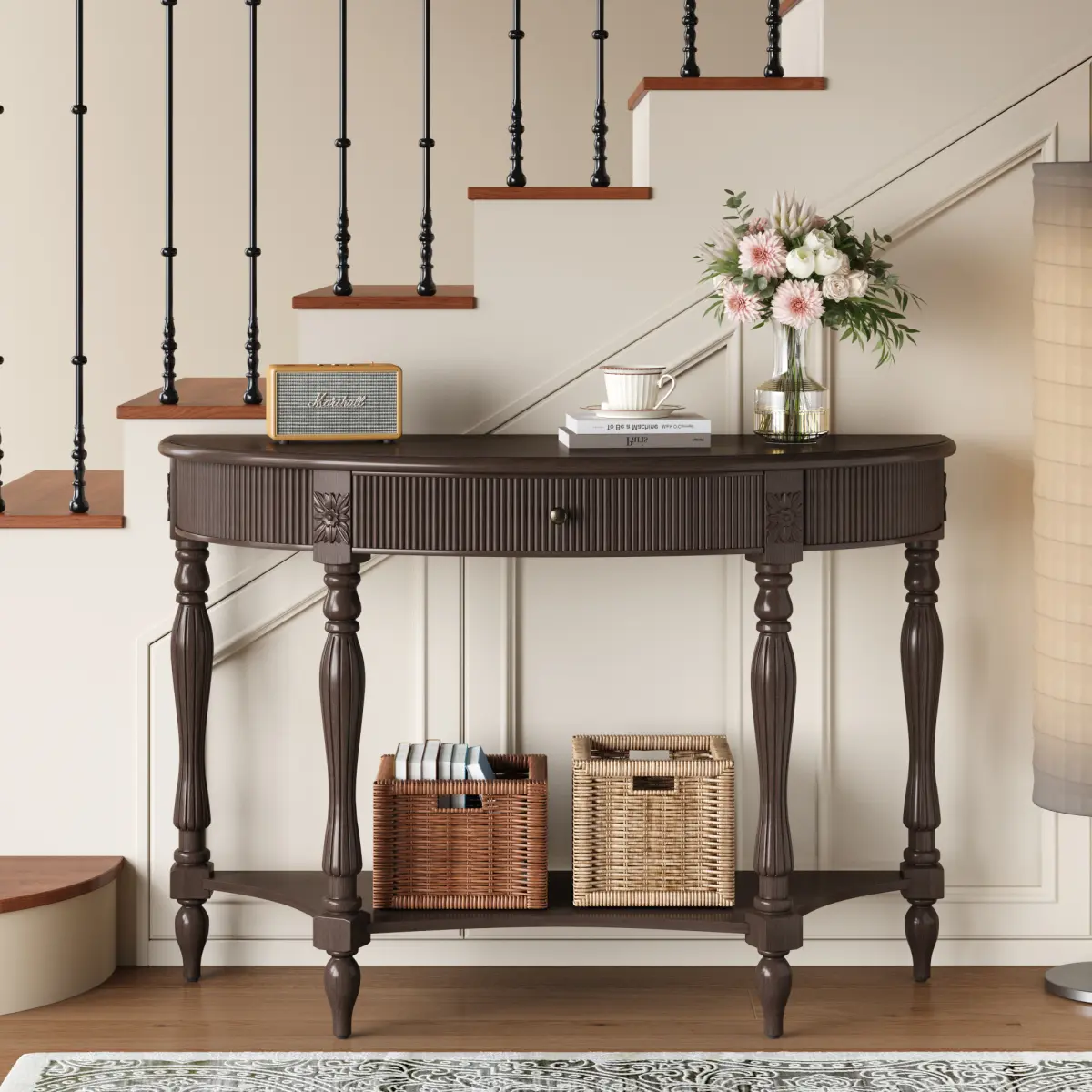 Rustic Green Solid Wood Half Moon Console Table - Narrow Space Design, Roman Column Carved Legs, Vintage Fluted Style with Drawer Storage for Hallway, Foyer, Indoor Furniture Use