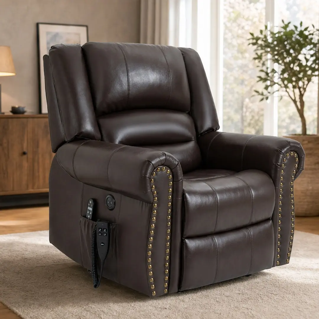 ARCH Genuine Leather Dual Motor System Power Lift Recliner Chair - American Aesthetic Living Room Indoor Furniture, Metal Heavy Duty Motion Mechanism, Heat & Massage, Pillow Top Arms, USB Ports, Remote, 350 lbs Capacity, 38.18" W x 40.15" D x 41.33" H, Ta