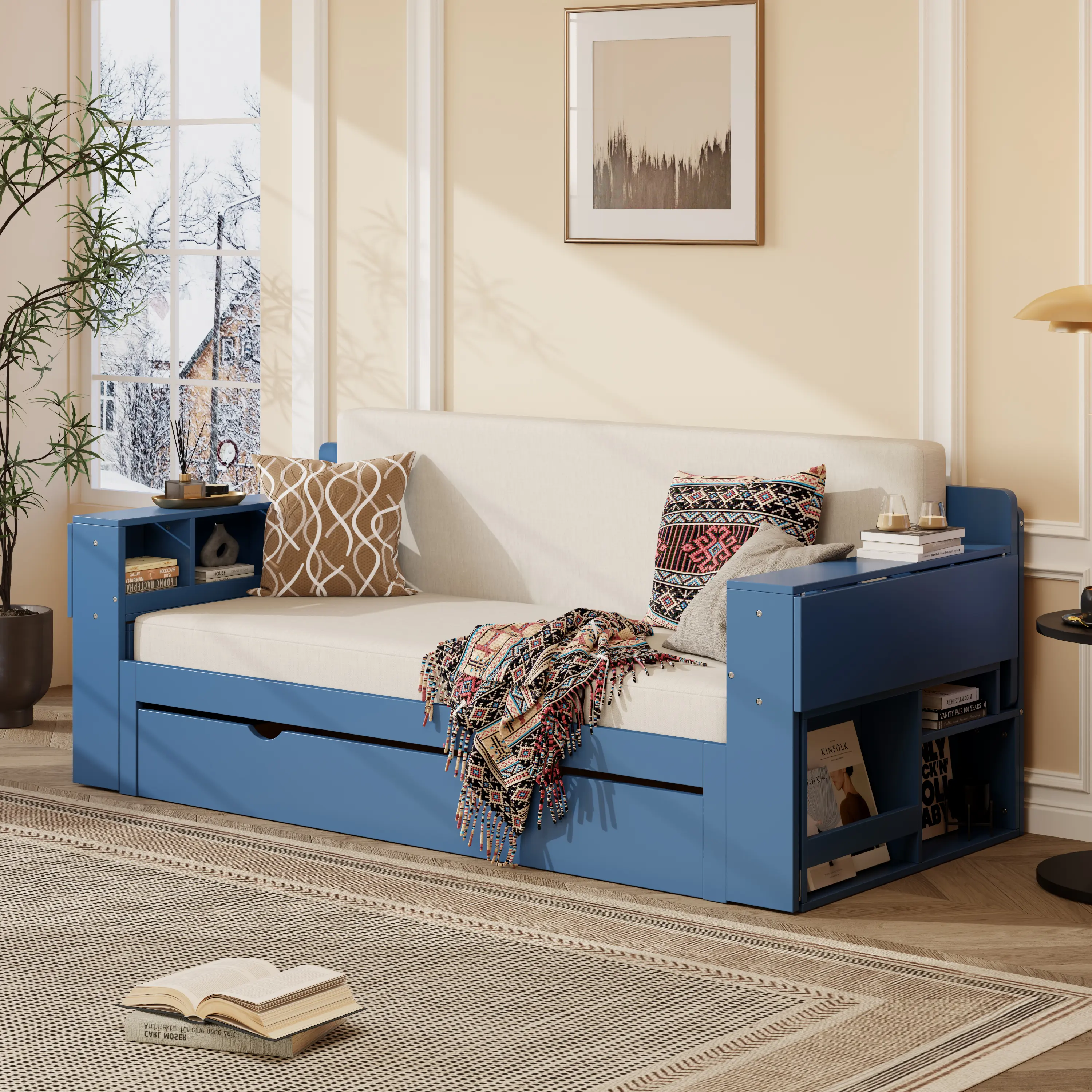 ARCH 4-in-1 Convertible Wood Daybed with Side Arms, Removable Desk, Storage Drawers, Hydraulic Side Table & Open Compartments - Blue Queen Size Multifunctional Sofa Bed for Living Room, Small Apartment, A Daybed