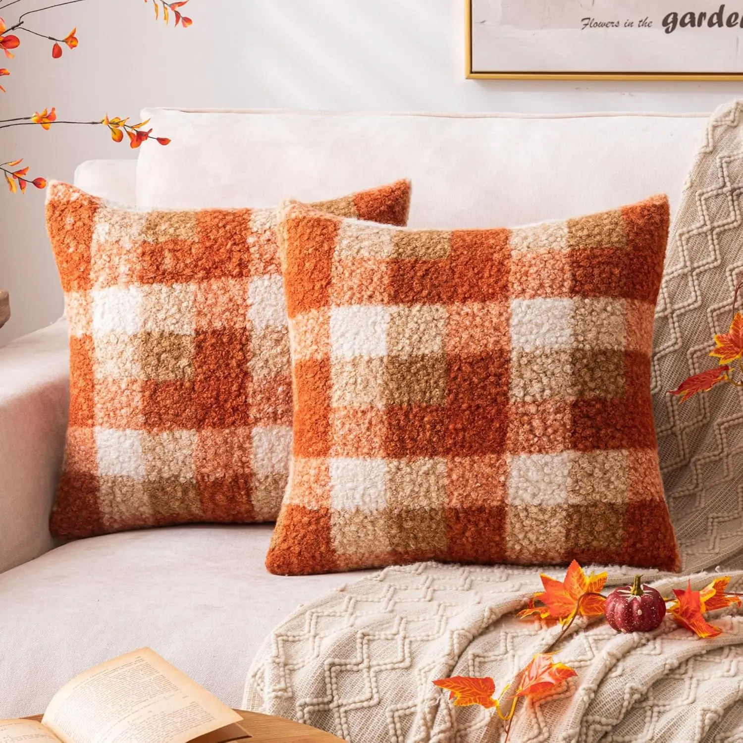 Plaid Fall Throw Pillow Covers Orange 18x18 Inch Set of 2, Boucle Decorative Cushion Covers, Autumn Cozy Fluffy Farmhouse Decor for Living Room Sofa Couch Bed, Holiday DecorationsGift